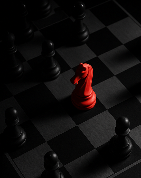 A red knight stands alone among dark chess pieces — the zwischenzug